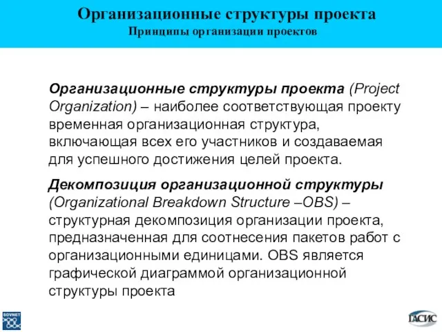 Организационные структуры проекта Принципы организации проектов Организационные структуры проекта (Project Organization) –