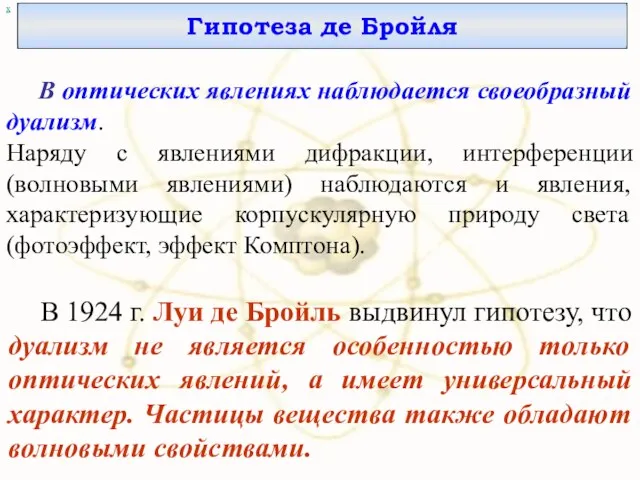 Гипотеза де Бройля х В оптических явлениях наблюдается своеобразный дуализм. Наряду с