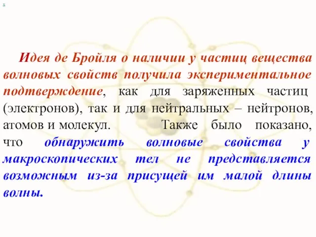 х Идея де Бройля о наличии у частиц вещества волновых свойств получила