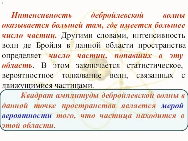 х Интенсивность дебройлевской волны оказывается большей там, где имеется большее число частиц.