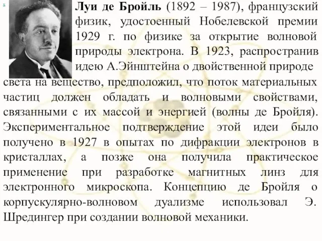 х Луи де Бройль (1892 – 1987), французский физик, удостоенный Нобелевской премии