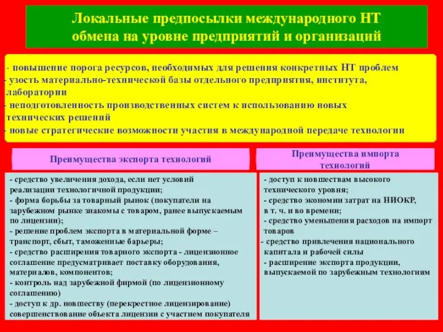 Локальные предпосылки международного НТ обмена на уровне предприятий и организаций - повышение