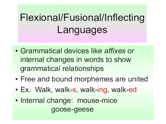 Flexional/Fusional/Inflecting Languages Grammatical devices like affixes or internal changes in words to