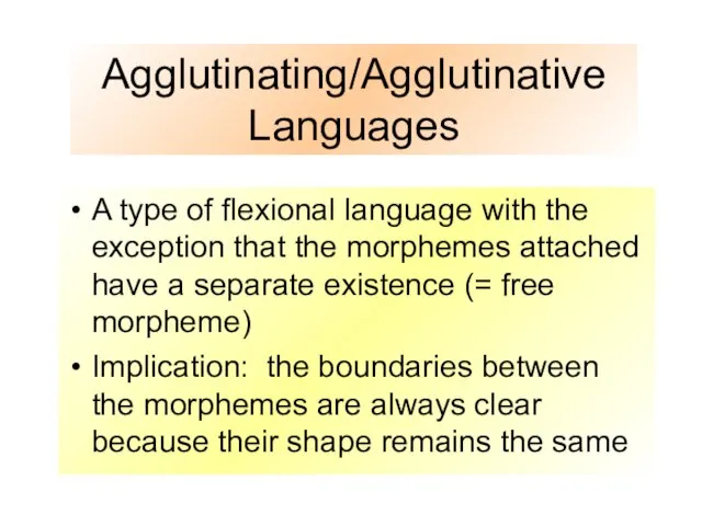 Agglutinating/Agglutinative Languages A type of flexional language with the exception that the