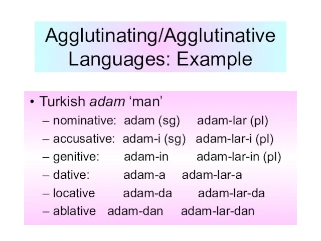 Agglutinating/Agglutinative Languages: Example Turkish adam ‘man’ nominative: adam (sg) adam-lar (pl) accusative: