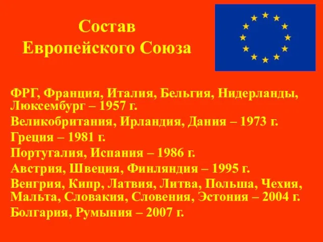 Состав Европейского Союза ФРГ, Франция, Италия, Бельгия, Нидерланды, Люксембург – 1957 г.