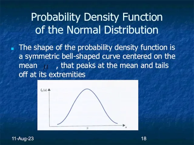 11-Aug-23 Probability Density Function of the Normal Distribution The shape of the