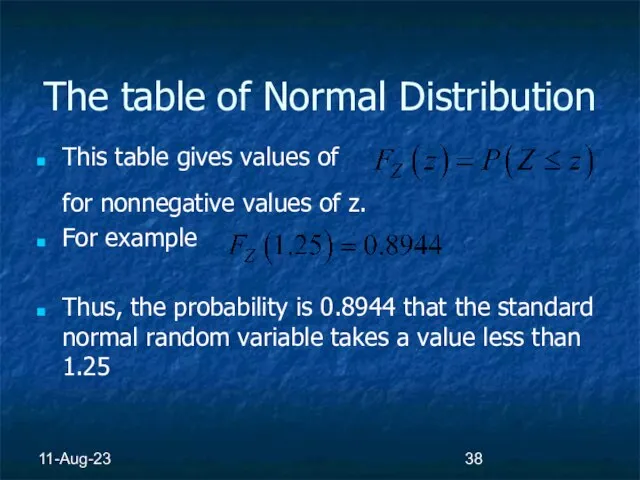 11-Aug-23 The table of Normal Distribution This table gives values of for