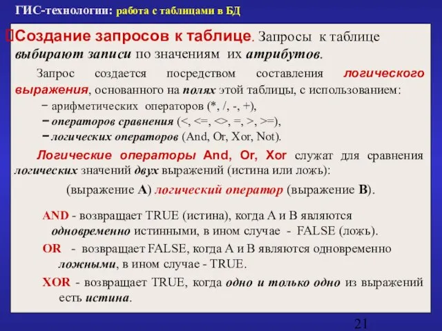 ГИС-технологии: работа с таблицами в БД Создание запросов к таблице. Запросы к