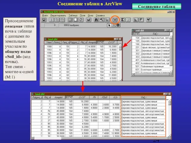 Соединение таблиц в ArcView Присоединение описания типов почв к таблице с данными