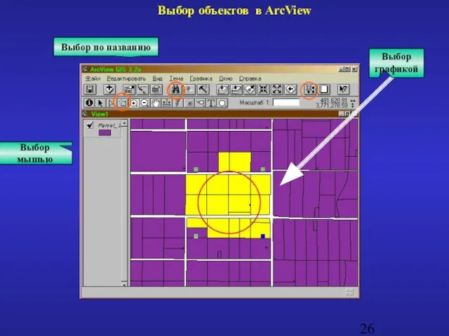 Выбор мышью Выбор по названию Выбор объектов в ArcView Выбор графикой