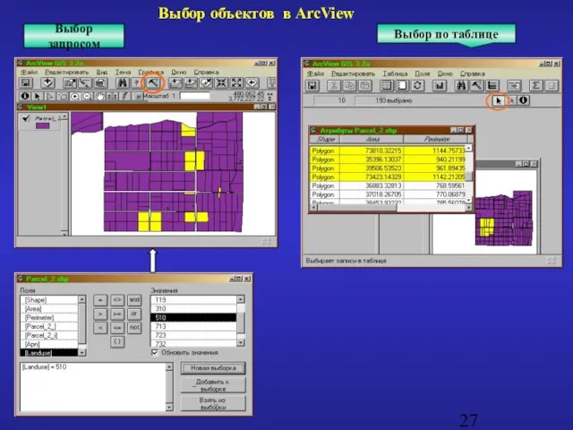 Выбор запросом Выбор объектов в ArcView