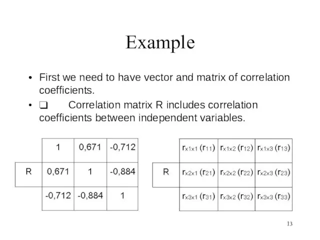 Example First we need to have vector and matrix of correlation coefficients.