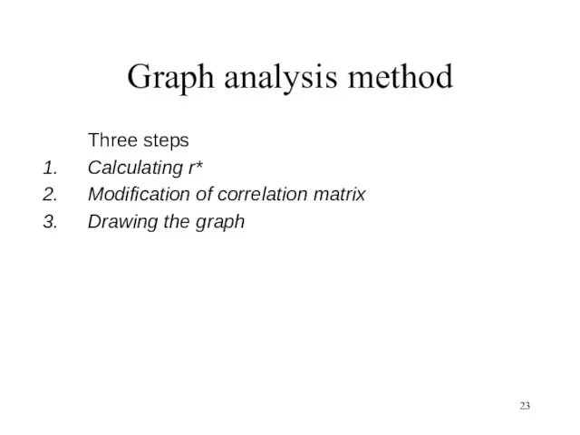 Graph analysis method Three steps Calculating r* Modification of correlation matrix Drawing the graph