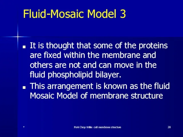 Fluid-Mosaic Model 3 It is thought that some of the proteins are