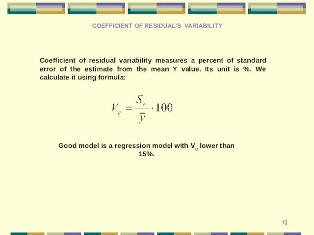 COEFFICIENT OF RESIDUAL’S VARIABILITY Coefficient of residual variability measures a percent of