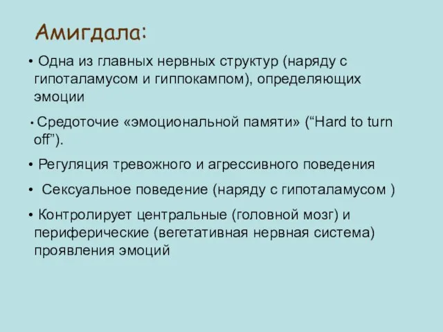 Амигдала: Одна из главных нервных структур (наряду с гипоталамусом и гиппокампом), определяющих