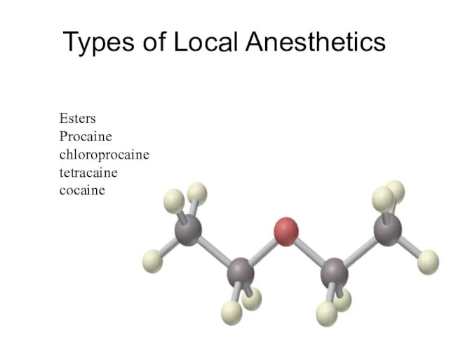 Types of Local Anesthetics Esters Procaine chloroprocaine tetracaine cocaine
