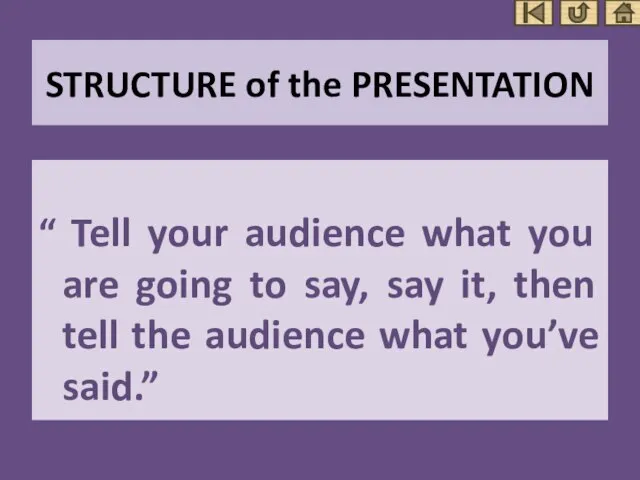 STRUCTURE of the PRESENTATION “ Tell your audience what you are going