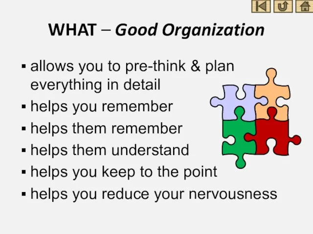 WHAT – Good Organization allows you to pre-think & plan everything in