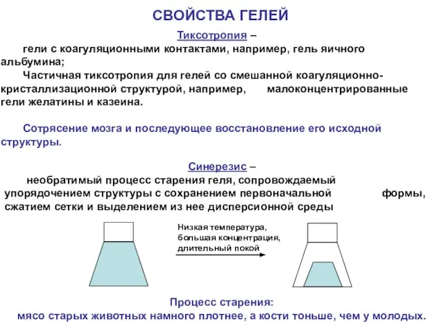 СВОЙСТВА ГЕЛЕЙ Тиксотропия – гели с коагуляционными контактами, например, гель яичного альбумина;