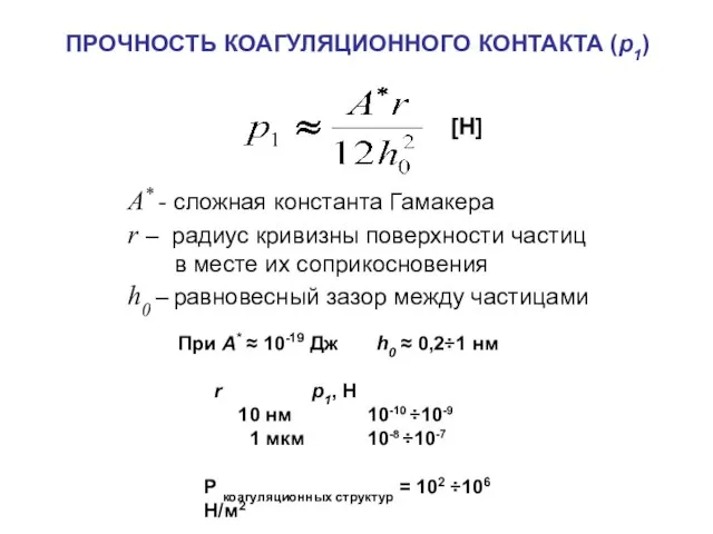 ПРОЧНОСТЬ КОАГУЛЯЦИОННОГО КОНТАКТА (р1) А* - сложная константа Гамакера r – радиус