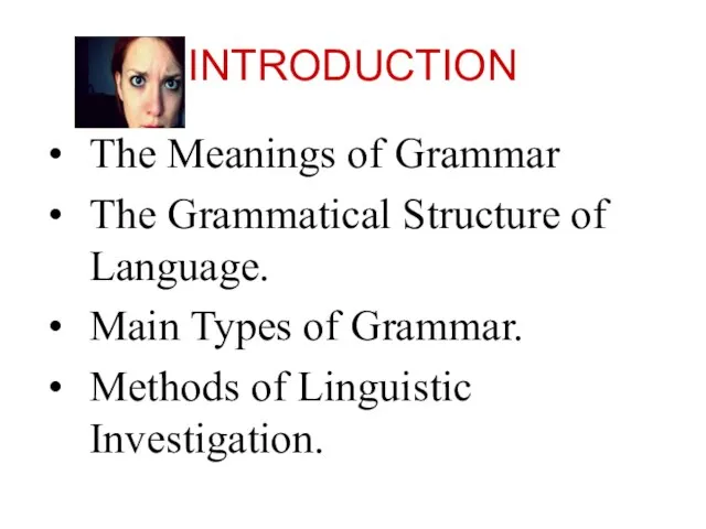 INTRODUCTION The Meanings of Grammar The Grammatical Structure of Language. Main Types