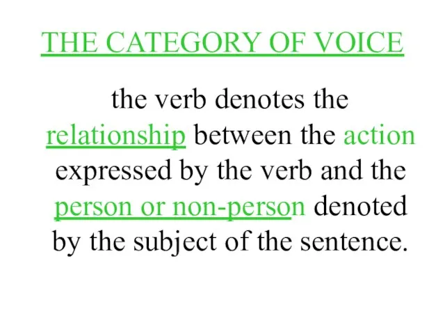 THE CATEGORY OF VOICE the verb denotes the relationship between the action