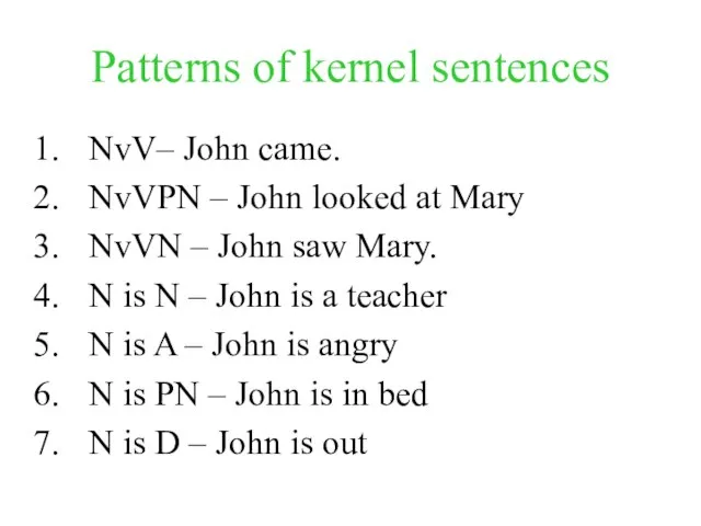 Patterns of kernel sentences NvV– John came. NvVPN – John looked at