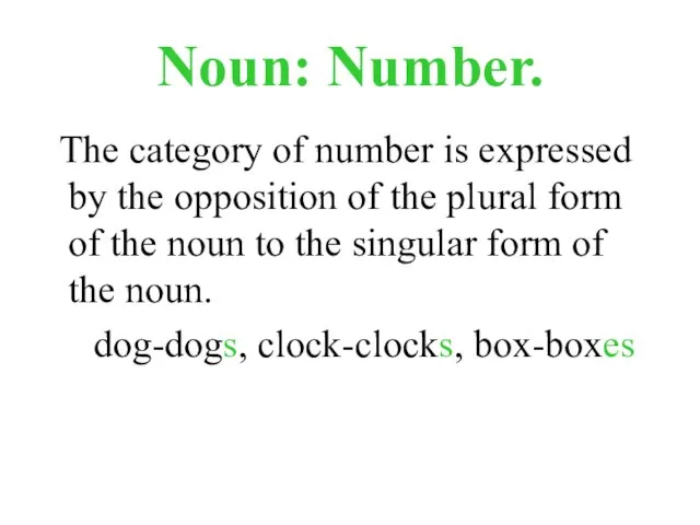 Noun: Number. The category of number is expressed by the opposition of