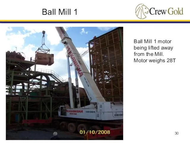 Ball Mill 1 Ball Mill 1 motor being lifted away from the Mill. Motor weighs 28T