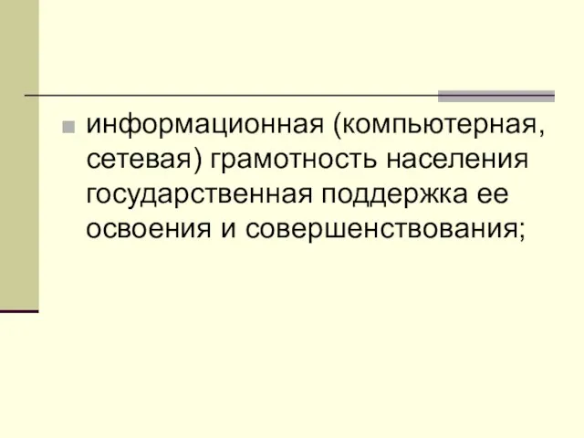 информационная (компьютерная, сетевая) грамотность населения государственная поддержка ее освоения и совершенствования;