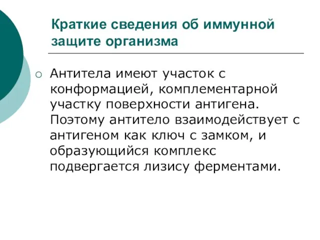 Краткие сведения об иммунной защите организма Антитела имеют участок с конформацией, комплементарной