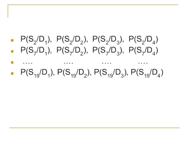 P(S2/D1), P(S2/D2), P(S2/D3), P(S2/D4) P(S7/D1), P(S7/D2), P(S7/D3), P(S7/D4) …. …. …. …. P(S19/D1), P(S19/D2), P(S19/D3), P(S19/D4)