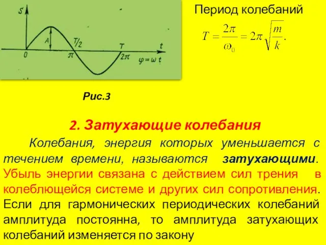 Рис.3 2. Затухающие колебания Колебания, энергия которых уменьшается с течением времени, называются