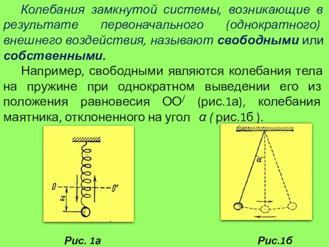 Колебания замкнутой системы, возникающие в результате первоначального (однократного) внешнего воздействия, называют свободными