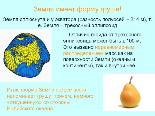 Земля имеет форму груши! Земля сплюснута и у экватора (разность полуосей ~