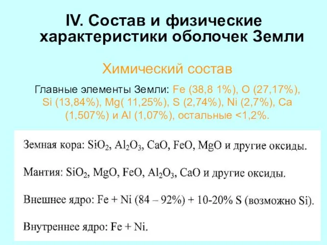 IV. Состав и физические характеристики оболочек Земли Химический состав Главные элементы Земли: