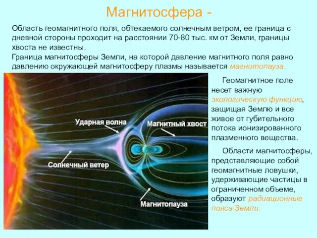 Магнитосфера - Геомагнитное поле несет важную экологическую функцию, защищая Землю и все