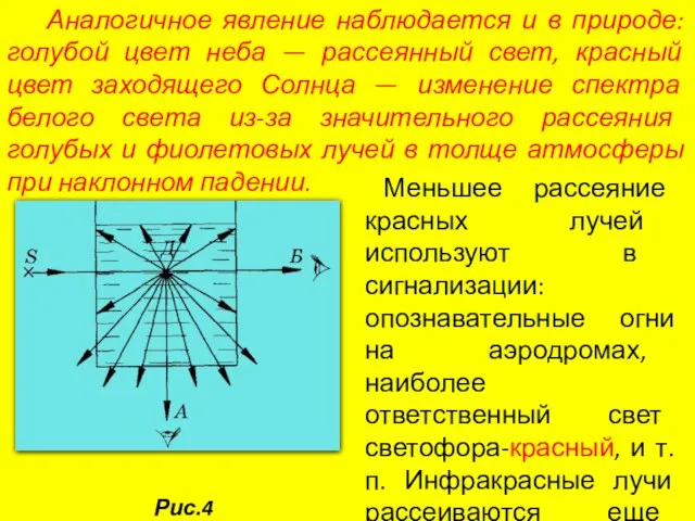 Аналогичное явление наблюдается и в природе: голубой цвет неба — рассеянный свет,