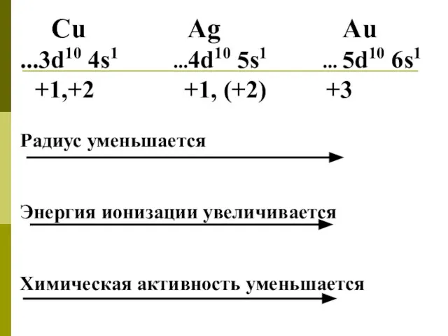 Cu Ag Au ...3d10 4s1 ...4d10 5s1 ... 5d10 6s1 +1,+2 +1,