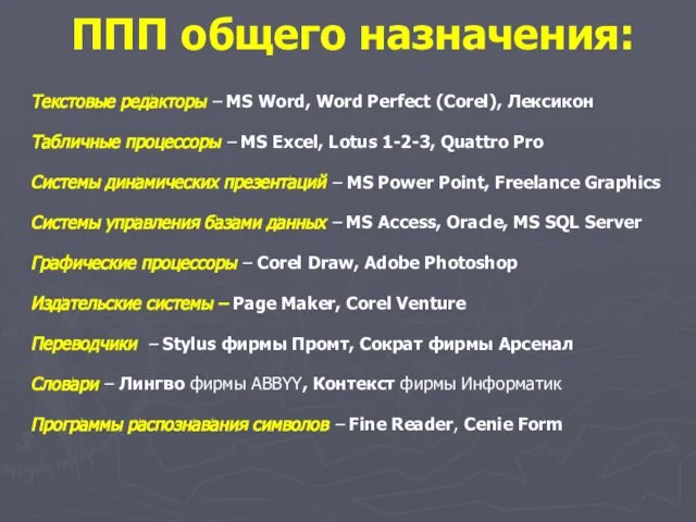 ППП общего назначения: Текстовые редакторы – MS Word, Word Perfect (Corel), Лексикон