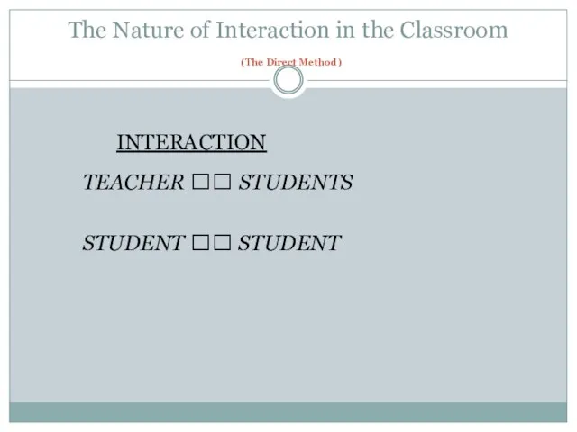 The Nature of Interaction in the Classroom (The Direct Method) INTERACTION TEACHER