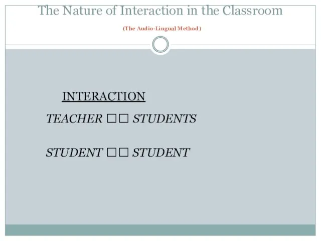 The Nature of Interaction in the Classroom (The Audio-Lingual Method) INTERACTION TEACHER