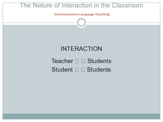 The Nature of Interaction in the Classroom [Communicative Language Teaching] INTERACTION Teacher