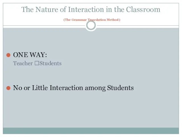 The Nature of Interaction in the Classroom (The Grammar Translation Method) ONE