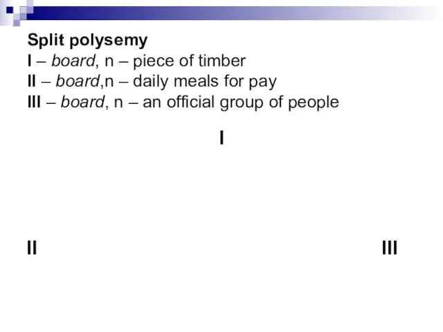 Split polysemy I – board, n – piece of timber II –