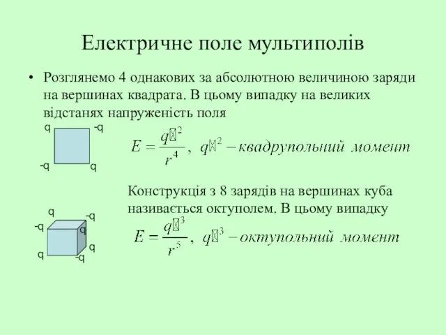 Електричне поле мультиполів Розглянемо 4 однакових за абсолютною величиною заряди на вершинах