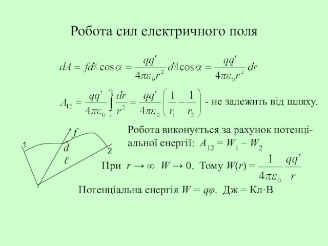 Робота сил електричного поля - не залежить від шляху. f 1 2