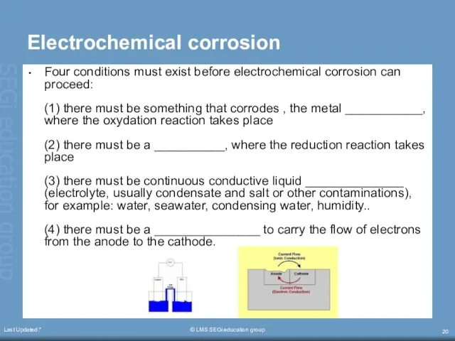 Last Updated:* © LMS SEGi education group Electrochemical corrosion Four conditions must